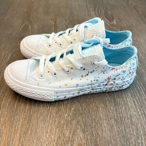 Converse Junior Size 2‎ All Star Low Top Confetti Sneakers White Cyan